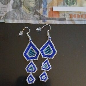 Blue and White Beaded Earrings